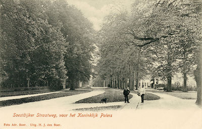 14082 Gezicht in de Amsterdamsestraatweg met rijen bomen te Soestdijk (gemeente Baarn) uit het zuidoosten.